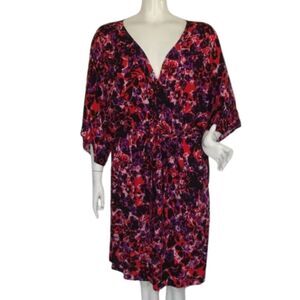 new LORALETTE Dress, 22/24, Red/Purple floral, Flowy mid-sleeve, Sash Belt Vneck